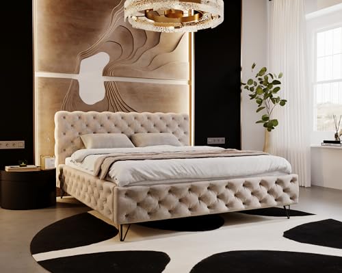 Emporius Polsterbett 180x200cm Laval - Glamour Bett mit Lattenrost, Kopfteil - Doppelbett Samt Schlafzimmerbett Chesterfield - Velvet (Beige - Paros 02) von Emporius