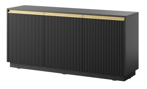 Emporius Sideboard 150 cm Baron - Modern, Kommode mit 3 Türen - Kommode mit Gold Accessoires und geriffelten Fronten - Schwarz von Emporius