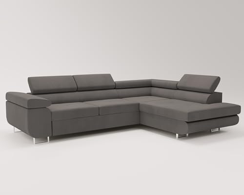 Emporius Sorlo Ecksofa, Couch 275 cm - Schlaffunktion, verstellbare Kopfstützen, Bettkasten, L-Form - Ottomane rechts freistehend - Wohnzimmer, Salon - Samt, Velvet Dunkelgrau von Emporius