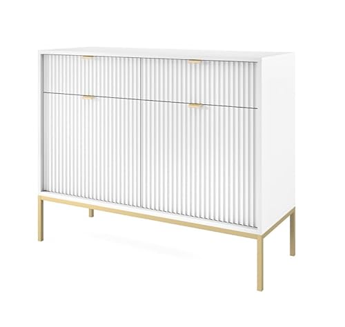 Emporius Zweitürige Sideboard 100 cm Galla - Sideboard mit Schubladen - Gold Griffen, geriffelten Fronten - Weiß + Gold von Emporius