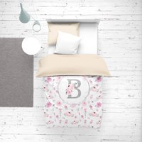 Floraler Rosa Und Silberner Bettbezug, Personalisierter Individuelles Geschenk Für Mädchen, Monogramm-Bettwäsche, Moderner Monogrammierte Bettwäsche von EmpoweringDecor