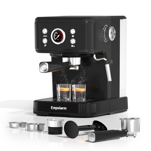 Empstorm Espresso Siebträgermaschine, Kaffeemaschine mit Milchaufschäumer, 20 Bar Espressomaschine, 2 in 1 Expresso Machine Siebträger Kaffeemaschine für Kaffeepulver & Kaffeekapseln, Schwarz von Empstorm