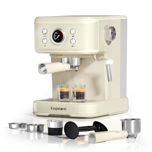 Empstorm Espresso Siebträgermaschine mit Milchaufschäumer, 20 Bar Espressomaschine mit Siebträger, 2 in 1 Expresso Machine für Pulver & Kapseln, 1,5L Wassertank Siebträger Kaffeemaschine, Weiß von Empstorm