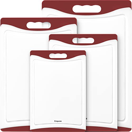 Extra große Schneidebretter, Kunststoff Schneidebretter für Küche (4er Set) Schneidebrett Set Geschirrspüler Schneidebrett mit Saftrillen Easy-Grip Griffe, Rot, Empune von Empune