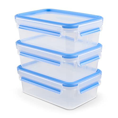 EMSA Clip & Close Frischhaltedosen-Set, rechteckig, 3 x 1 L, Aufbewahrungsboxen, 100 Prozent dicht, spülmaschinen-, gefrier-, mikrowellenfest, Transparent, Blau, Made in Germany, 508558 von Emsa