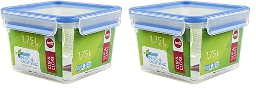 Emsa 508537 Clip & Close | Quadratische Frischhaltedose | mit Deckel | 1.75 Liter | Transparent/Blau (Packung mit 2) von Emsa