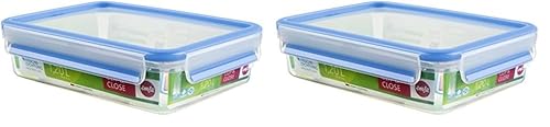 Emsa 508542 Clip & Close | Rechteckige Frischhaltedose | mit Deckel | 1.2 Liter | 100% Dicht | Transparent/Blau (Packung mit 2) von Emsa