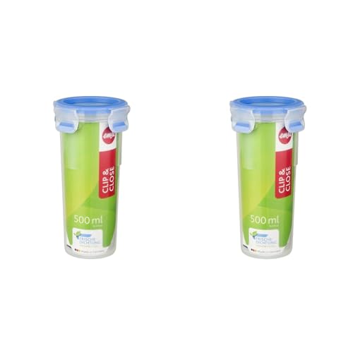 Emsa 508554 Clip & Close Trinkbecher| 0,5 Liter | Rund | mit Deckel | Besondere Frische-Dichtung | Transparent/Blau (Packung mit 2) von Emsa