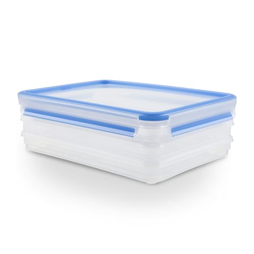 EMSA Clip & Close Frischhaltedosen-Set, rechteckig, 3 x 1 L, Aufschnittboxsystem mit Deckel, Aufbewahrungsboxen, 100 Prozent dicht, spülmaschinen-, gefrier-, mikrowellenfest, Transparent, Blau, 508556 von Emsa