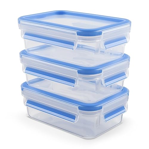Emsa Clip & Close Frischhaltedosen-Set, rechteckig, 3 x 0,55 L, Aufbewahrungsboxen, 100 Prozent dicht, spülmaschinen-, gefrier-, mikrowellenfest, Transparent, Blau, Made in Germany, 508570 von Emsa