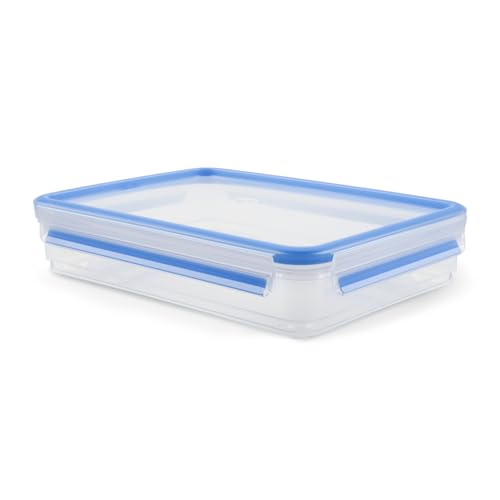 Emsa Clip & Close Frischhaltedose, rechteckig, 1,65 L, Aufschnittboxsystem mit Deckel, Aufbewahrungsbox, 100 Prozent dicht, spülmaschinen-, gefrier-, mikrowellenfest, Transparent, Blau, 509040 von Emsa