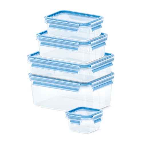 EMSA Clip & Close Frischhaltedosen-Set, rechteckig, quadratisch, 0,55 u. 1 u. 1,2 u. 2,2 L, 100 Prozent dicht, spülmaschinen-, gefrier-, mikrowellenfest, Transparent, Blau, 512753 von Emsa