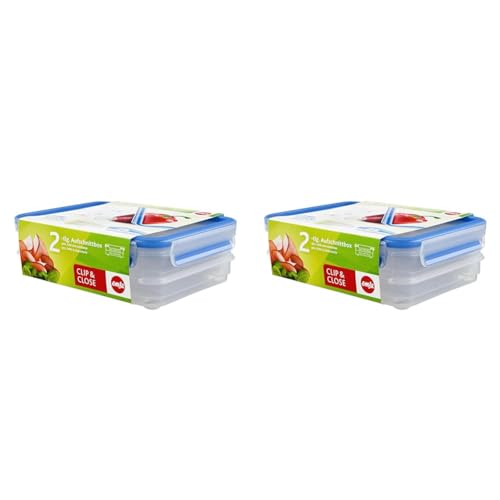 Emsa 513576 Clip & Close Aufschnittbox-System | mit Deckel | 2 X 0,6 L Rechteckig | Clipbox | 100% Dicht | Transparent/Blau (Packung mit 2) von Emsa