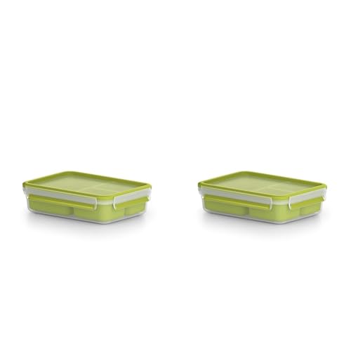 Emsa Clip & Go 518100 Lunch- und Snackbox | Mit 3 praktischen Einsätzen und Deckel | Volumen: 1,2 Liter | Transparent/Grün | 1 Stück (2er Pack) von Emsa
