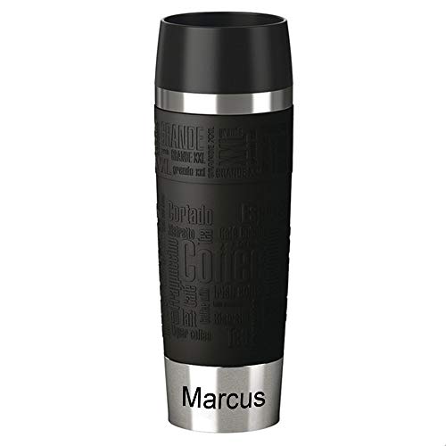 Emsa Edelstahl Isolierbecher MIT Gravur (z.B. Namen) 500ml TRAVEL Mug Grande Manschette Schwarz mit persönlicher Rundgravur, Travelmug Kaffee & Tee Thermo to-go-Becher 100% auslaufsicher von Emsa