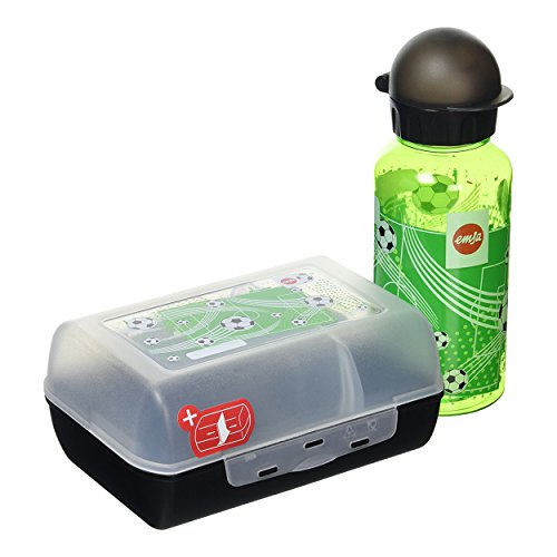 Emsa Kids Set mit Fußball-Motiv, Trinkflasche + Brotdose, 400 ml auslaufsichere Flasche, Dose mit verschiebbarer Trennwand, Schwarz/Grün, 518140, Soccer Emsa Kids Set mit Fußball-Motiv, Trinkflasche + Brotdose, 400 ml auslaufsichere Flasche, Dose mit verschiebbarer Trennwand, Schwarz/Grün, 518140, Soccer von Emsa