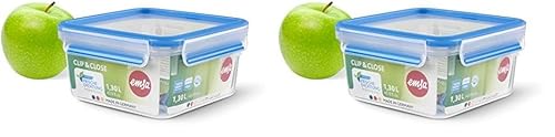 Emsa N10113 Clip & Close Frischhaltedose | quadratisch | 1,3 Liter | Clip-Verschluss | Kunststoff | Transparent/Blau (Packung mit 2) von Emsa