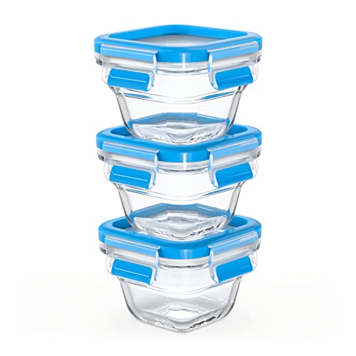 Emsa N10507 Clip & Close Glas Frischhaltedosen-Set 3-teilig | 3 x 0,18 L | stapelbar | gefrierfest | backofenfest | mikrowellenfest | 100% dicht | spülmaschinenfest | Transparent/Blau von Emsa