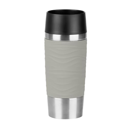 Emsa Travel Mug Waves Isolierbecher N20108 | 0,36 L | bis zu 4h heiß und 8h kalt | 100% dichter Thermobecher | 360°-Trinköffnung | Quick Press Verschluss | Kaffee to Go | Puder-Grau von Emsa