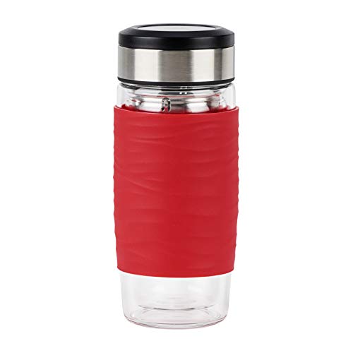 Emsa N20804 Tea Mug Teebecher aus doppelwandigem Glas | 0,4 Liter | herausnehmbares Sieb | BPA-Frei | 100% dicht | auslaufsicher | spülmaschinengeeignet | 360°-Trinköffnung | Rot von Emsa