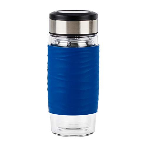 Emsa N20805 Tea Mug Teebecher aus doppelwandigem Glas | 0,4 Liter | herausnehmbares Sieb | BPA-Frei | 100% dicht | auslaufsicher | spülmaschinengeeignet | 360°-Trinköffnung | Blau von Emsa