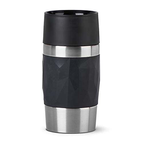 Emsa Travel Mug Compact Thermobecher 300 ml, Isolierbecher Edelstahl, Kaffeebecher to go, 3h heiß, 6h kalt, 100% dicht, auslaufsicher, spülmaschinengeeignet, 360°-Trinköffnung, schwarz, N21601 von Emsa
