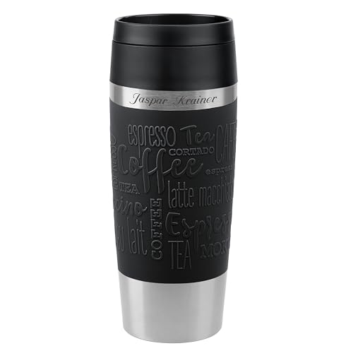 Emsa Thermobecher Travel Mug Classic Schwarz 360 ml mit persönlicher Rund-Gravur gelasert Edelstahl Soft-Touch-Manschette | neuer Komfort-Schraubverschluss von Emsa