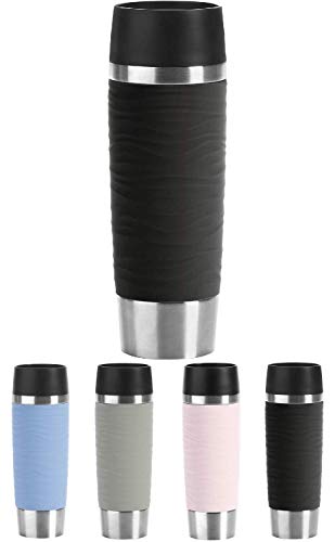 EMSA N2011900 Travel Mug Wave-Design Thermobecher/Isolierbecher (0,5 L Fassungsvermögen, hält 6h heiß/ 12h kalt, 100% dicht, auslaufsicher, Easy Quick-Press-Verschluss, 360°-Trinköffnung) Schwarz von Emsa