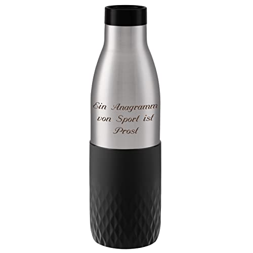 Emsa Thermosflasche Bludrop Sleeve 700ml Schwarz mit Rund-Gravur gelasert Edelstahl Trinkflasche doppelwandig isoliert auslaufsicher von Emsa