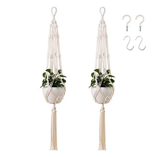 Emsmil 2er 105cm Makramee Blumenampel Hängeampel Baumwollseil Pflanzenhänger Hängender Blumentopf Beige Blumentopf Pflanzen Halter Blumenhänger für Innen Außen Balkon Wand Boho Deko von Emsmil