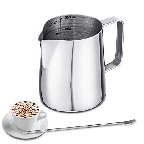 Emsmil 350ml Edelstahl Milchkännchen Kit mit Messung Mark und Latte Art Stift Silber Klein Milchaufschäumer Kännchen Milchkanne Barista Sahnekännchen Aufschäumkännchen für Espresso Cappuccino von EMSMIL