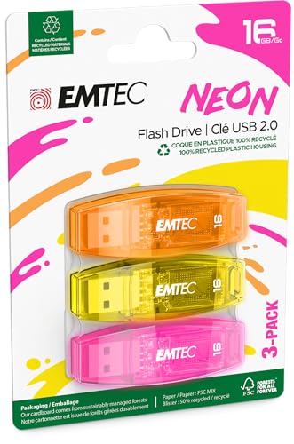Emtec C410 16GB USB-Stick USB 2.0 Transparent Neon - 3er Pack (Orange Gelb Rose) von Emtec