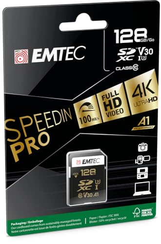 Emtec SpeedIN SD-Speicherkarte 128GB, UHS-I U3 - Class 10, Schreibgeschwindigkeit bis zu 85 MB/s und Lesegeschwindigkeit bis zu 95 MB/s von Emtec