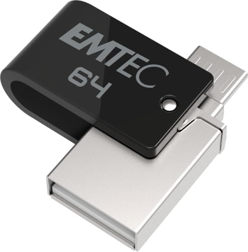 Emtec USB-Stick 64 GB Dual T260B Mobile & Go – USB 2.0 drehbar – USB Stick Dual USB-A / Micro-USB – Hakensystem 360° drehbar – Lesegeschwindigkeit 15 MB/s max. Schreibgeschwindigkeit 5 MB/s Max. ax - EMTEC, Schwarz von Emtec