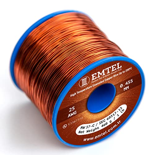 Emtel 0.455 mm (25 AWG) - 500 gr (1 LB) - 338 Meter Emaillierter Kupferdraht - Wärmeklasse 220°C (428°F) - Doppelt isolierter Wickeldraht für Elektromotoren, Transformatoren und Magnetspulen von Emtel Emaye Tel ve Kablo Sanayi A.Ş.