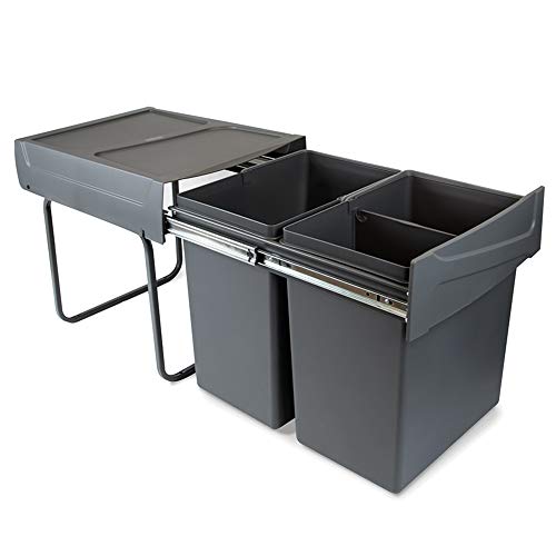 Emuca - Küchenabfalleimer mit unterseitiger Befestigung, 2 ausziehbarer 20 L Recycle-Mülleimer, Gesamtkapazität 40 L (2 x 20 L), Stahl und Kunststoff, Anthrazitgrau. von Emuca