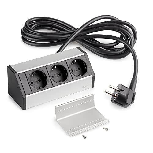 Emuca - Mehrfach-Steckerleiste, Aufputzsteckdose für möbel, 3 EU-Schuko-Stecker, Matt eloxiert, Kunststoff und Aluminium von Emuca