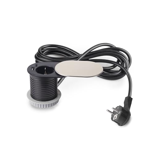 Emuca - Multistecker mit Gleiter Vertikal, Durchmesser 60mm, 1 Schukostecker, 1 USB Typ A, 1 USB Typ C, Stahl und Kunststoff, Edelstahl von Emuca