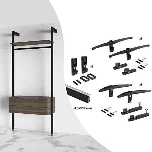 Emuca - Stützensets für 1 Holzregal, 1 Modul und 1 Hängestange mit einer Länge von 1 m, Zamak Schwarz strukturiert von Emuca