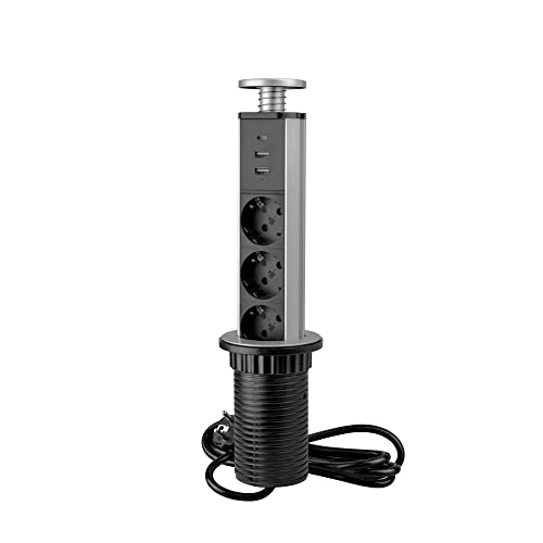 Emuca - Versenkbare Steckdosenleiste Schnellladung, 3 EU Schuckosteckdosen, 2 USB A + 1 USB C, versenkbare einbausteckdose, Metallic-grau, Kunststoff, Aluminium von Emuca