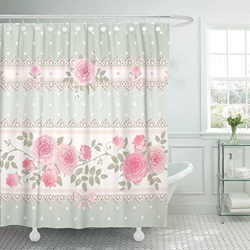 AA0AA Duschvorhang Grün Vintage Floral Polka Dot Muster mit Spitze Schleifen und Rosa Rosen Shabby Chic Stil Blume Duschvorhang 72 x 72 Zoll Duschvorhang mit Kunststoff Haken von Emvency