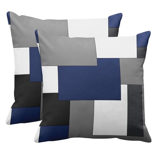 Emvency Set mit 2 dunkelblauen geometrischen Kissenbezügen, schwarz-grau-weiße Malerei, abstraktes Karomuster, dekorativer Kissenbezug, moderne Heimdekoration, Standard-Kissenbezüge, quadratisch, 45,7 von Emvency