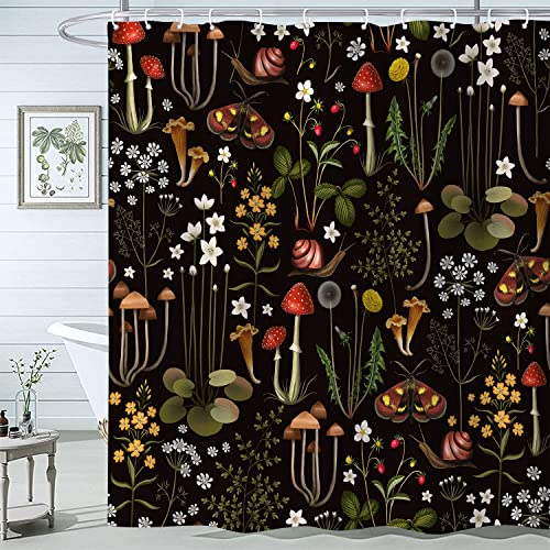 Emwnodti Retro Pilz Duschvorhang für Badezimmer, Feenwald Blumen Pflanzen auf schwarzem Hintergrund Badevorhänge, Vintage Botanischer Stoff Duschvorhang-Sets mit Haken, 72 x 72 cm von Emwnodti