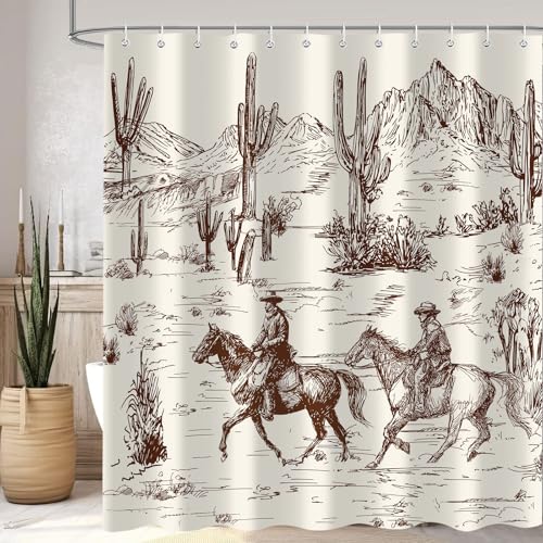 Emwnodti Western Cowboy-Duschvorhang, Azteken-Landhaus-Wüstenkaktus, Badezimmer-Dekoration, wasserdicht, waschbar, Polyester mit 12 Haken, 183 x 183 cm von Emwnodti