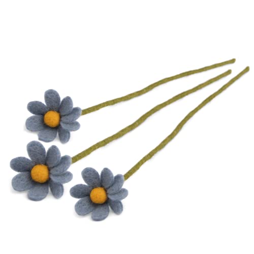 Gry & SIF künstliche Margerite, Anemone aus Filz, Osterdeko für den Eingangsbereich, Deko-Element für das Büro, Frühlingsdeko, Handmade, Fairtrade | 3X Blaue Margeriten, 30 cm von Én Gry & Sif