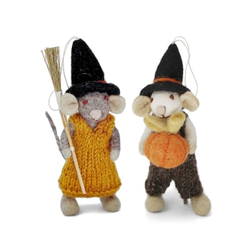 Gry & SIF Filz-Mäuse mit Halloween-Accessoires | handgemachte Herbst-deko zum Aufhängen oder Hinstellen, Halloween-deko, Fairtrade, I Weiß mit Kürbis und Grau mit Besen 12cm von Én Gry & Sif