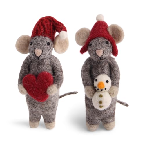 Gry & SIF Mäuse aus Filz | handgemachter Christbaum-Schmuck, Weihnachts-deko, Winter-deko, Filz-Maus zum Aufhängen oder Hinstellen, Deko-Figur | Grau 15 cm, Herz und Schneemann von Én Gry & Sif