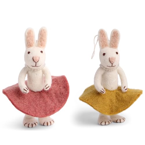 Gry & SIF Osterhasen Figuren klein zum Aufhängen oder Hinstellen, aufwendige Handarbeit mit vielen Details, Fairtrade, Osterdeko aus Filz | 1x Deko Häschen mit gelben und rosa Rock, 15 cm von Én Gry & Sif