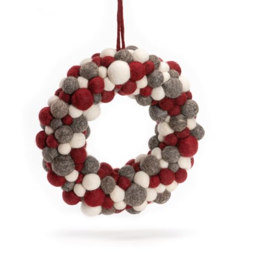 Én Gry & Sif Kugelkranz, rot, grau und weiß, Durchmesser 30cm im Scandi-Stil, Handmade, Fairtrade, Türkranz, Weihnachtsdeko, Weihnachtskranz, Dekokranz zum Aufhängen von Én Gry & Sif