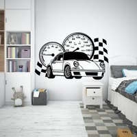 Autos Race Flag Wandtatko, Rennwagen Vinyl, Jungenzimmer Aufkleber, Sportwagen Zimmer, Kinder Cartoon Dekor, Jungen Kinderzimmer Vinyl 1095Es von EnSuArtDecals